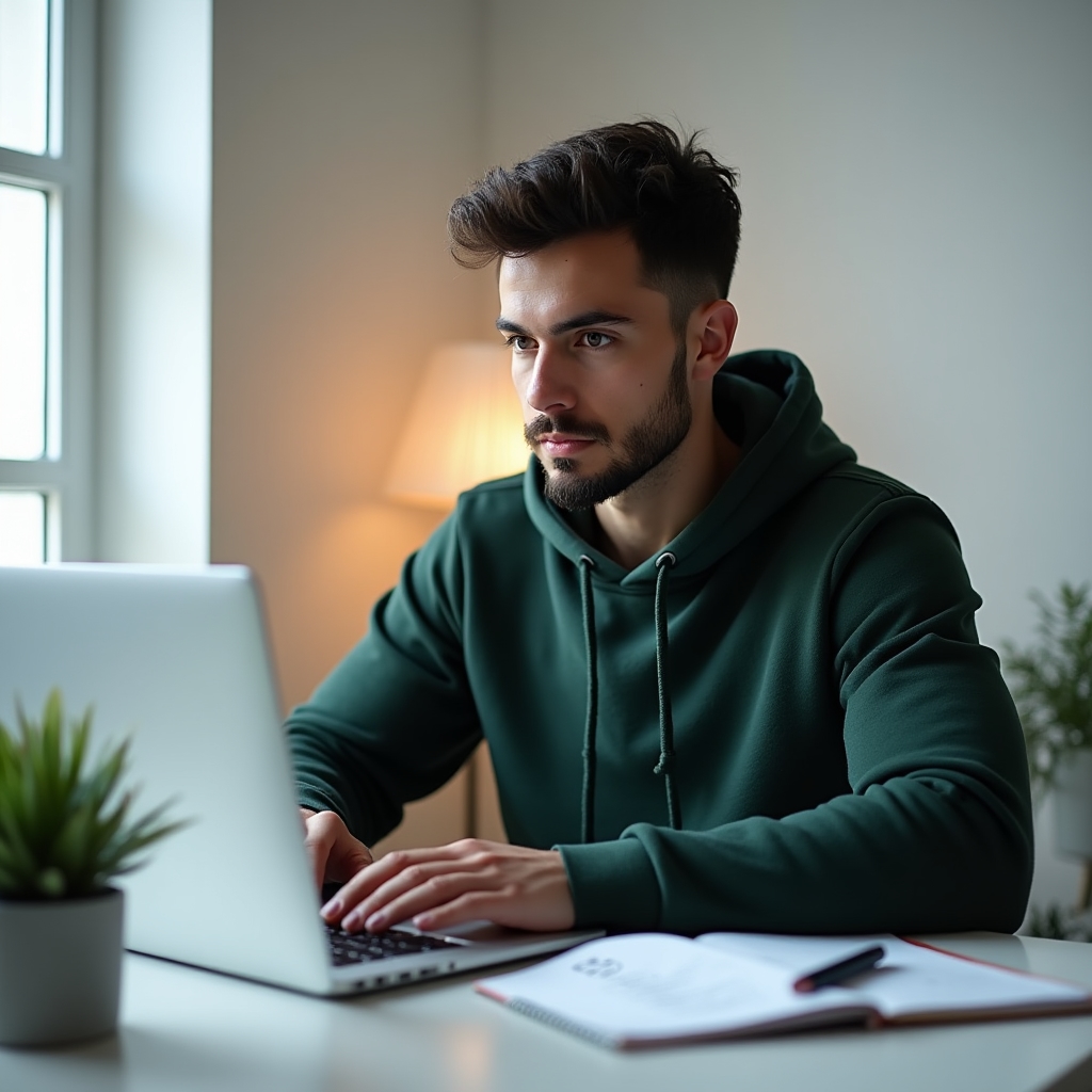 Antreprenor lucrând la laptop, planificând structura firmei sale